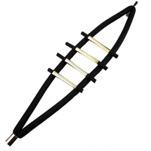 Flat lay view of black gothic ladder bracelet with magnetic clasp, displaying geometric stepped profile and metal accents