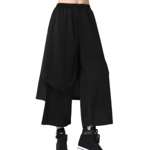 Women's gothic trousers with elastic waistband and asymmetrical front panel design, direct front angle