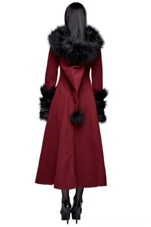 Back view of burgundy gothic maxi coat with detachable fur trim and decorative back pom-pom detail