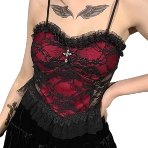 Wine red gothic lace cami top with silver cross charm and black ruffled trim, front close-up detail on female model