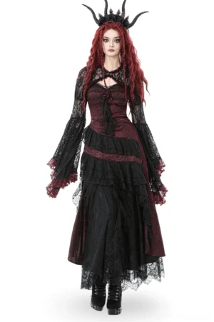Full front view of gothic wine red maxi dress with sheer black lace bell sleeves and ruffled hem on model