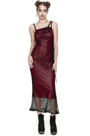Wine red asymmetric mesh gothic maxi dress with black rope shoulder straps, front view on model with double space buns