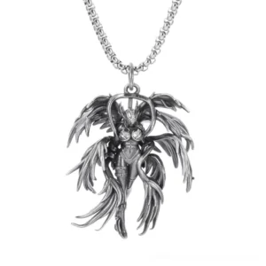 Gothic winged angel pendant necklace flat lay - antique silver stainless steel with multi-layered feathered wings and curb link chain