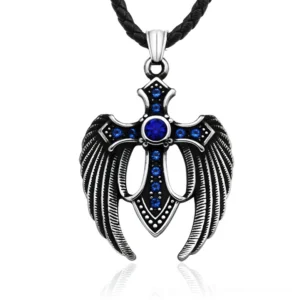 Black and blue winged cross pendant necklace with inlaid gemstones, overhead front view showing intricate feather wing carving and metal craftsmanship