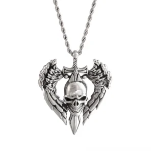 Winged skull pendant necklace with twisted rope chain in antique silver tone, front flat lay view on white background