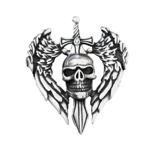 Stainless steel winged skull pendant without chain, front overhead view showing intricate angel wings and cross sword details
