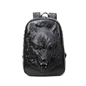Black 3D wolf head gothic backpack front view with crocodile textured PU leather and studded details