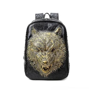 Gold 3D wolf head embossed gothic leather backpack with metallic accents and luxury dark aesthetic