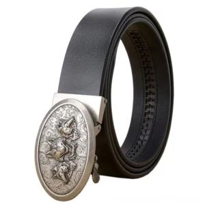 Wolf emblem automatic buckle cowhide leather belt with carved triple-wolf buckle, side view on white background