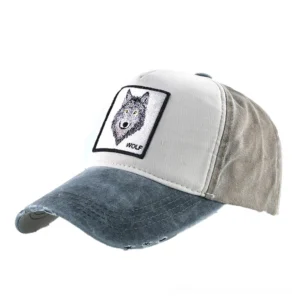 Black Gothic Wolf Embroidery Baseball Cap - Front Left View with Washed Denim Finish and Frayed Brim