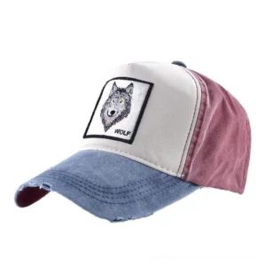 Navy Blue Vintage Wolf Embroidery Snapback Cap - Three-Quarter View with Maroon Panels and Denim Brim