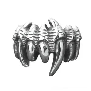 Wolf fang punk ring frontal view featuring prominent sharp fangs and silver metallic finish