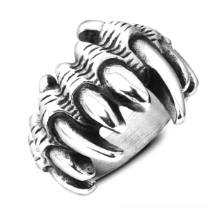 Gothic wolf claw statement ring three-quarter side view showing sharp textured silver claw design