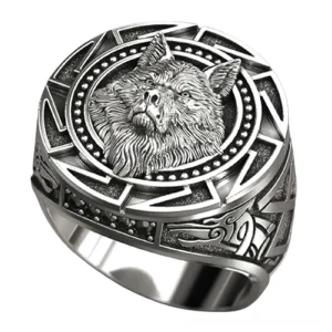 Gothic wolf head signet ring front oblique view antique silver finish celtic geometric patterns embossed design