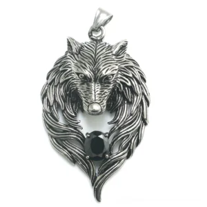 Stainless steel wolf head gothic necklace pendant direct front facing shot with symmetrical carved mane design