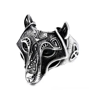 Nordic wolf head gothic ring with Celtic knot engraving - antique silver stainless steel statement jewelry for men and women