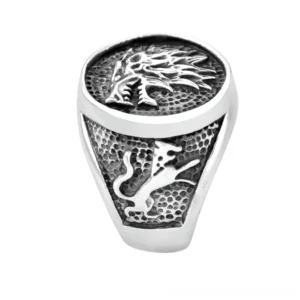 Gothic wolf stainless steel signet ring with feline motif top front view hammered texture