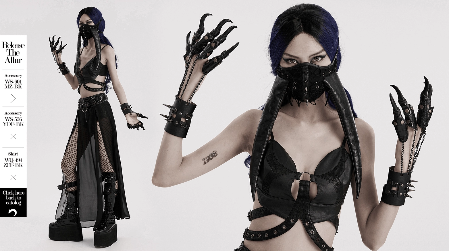 Gothic female model styled with black spiked claw gloves featuring chain details and complete goth ensemble