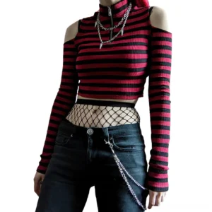 Women's gothic crop top with half-zip turtleneck and cold-shoulder design, featuring decorative chain waist embellishment