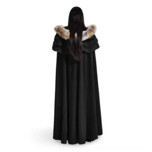 Black gothic fur-trimmed wool cloak floor-length flowing hem back view, female model with long straight hair showcasing dramatic cape silhouette