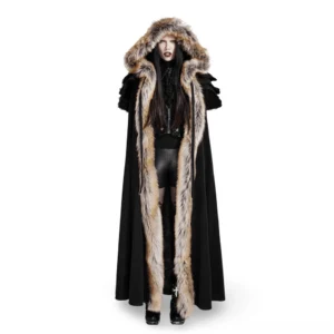 Victorian gothic wool cloak with faux fur hood trim and layered lace shoulder cape, worn by female model in front full-body view against white studio background
