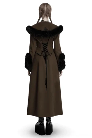Back view showing corset-style lace-up detail on gothic detachable wool coat with matching fur trim
