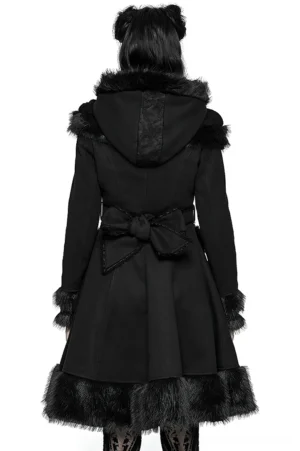 Back view of black gothic wool coat showing rear waist bow detail and flared faux fur-trimmed hem