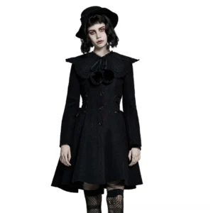Black Victorian gothic wool coat with detachable fur collar front full-body view on model