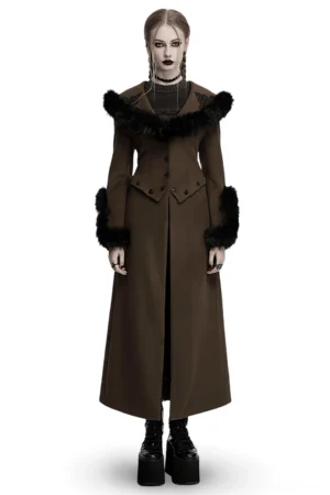 Front view of black and coffee gothic detachable two-piece wool coat with faux fur collar on female model