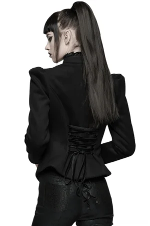 Gothic wool jacket back view showing adjustable lace-up corset back and tailored silhouette from side profile