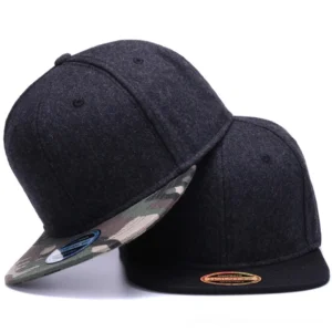 Gothic wool snapback baseball cap with camouflage brim stacked display view dark grey crown
