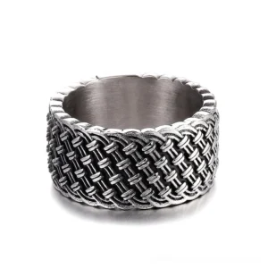 Wide woven stainless steel gothic ring front close-up with detailed braided texture and darkened tonal details