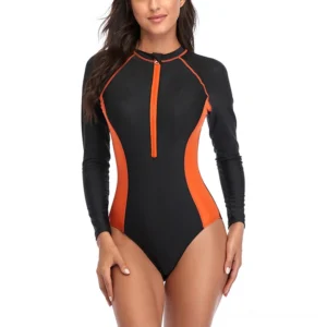 Black and orange gothic zipper monokini long-sleeve one-piece swimsuit front center view
