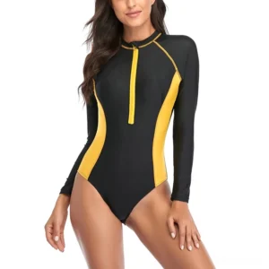 Black and yellow gothic zipper one-piece long-sleeve monokini swimsuit front three-quarter view
