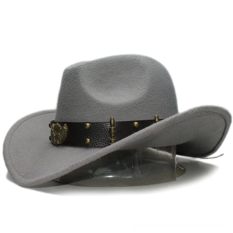 Gray gothic fedora hat with riveted leather band and metal details - three-quarter display