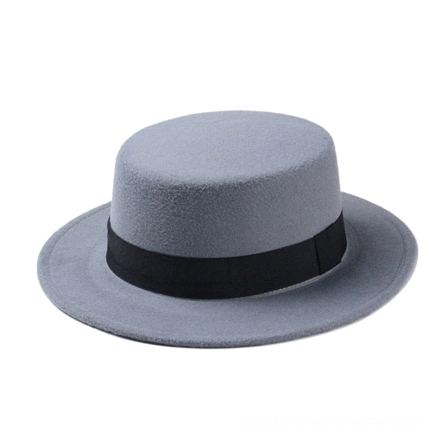 Gray felt flat top fedora hat with black ribbon band, gothic style overhead view