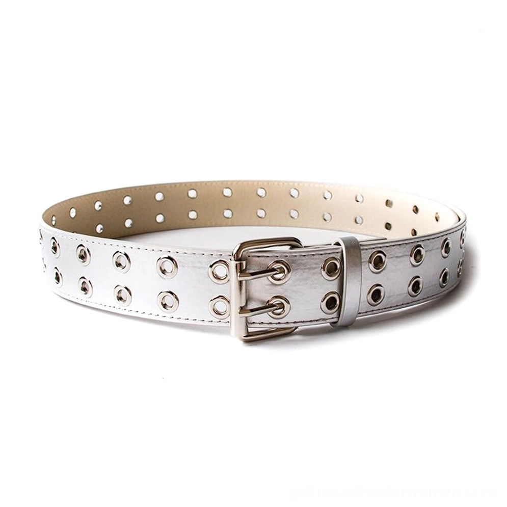 Light gray PU leather gothic belt with single pin buckle and metal eyelets, flat lay display
