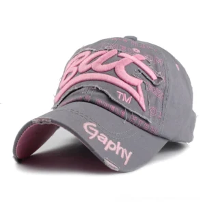 Gray distressed baseball snapback cap with pink 3D embroidery and frayed edges