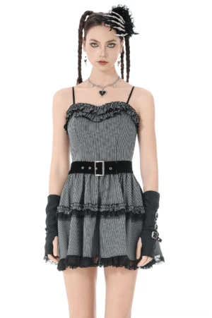 Gray pinstripe gothic lolita mini dress front view on model, featuring ruffle neckline and tiered skirt