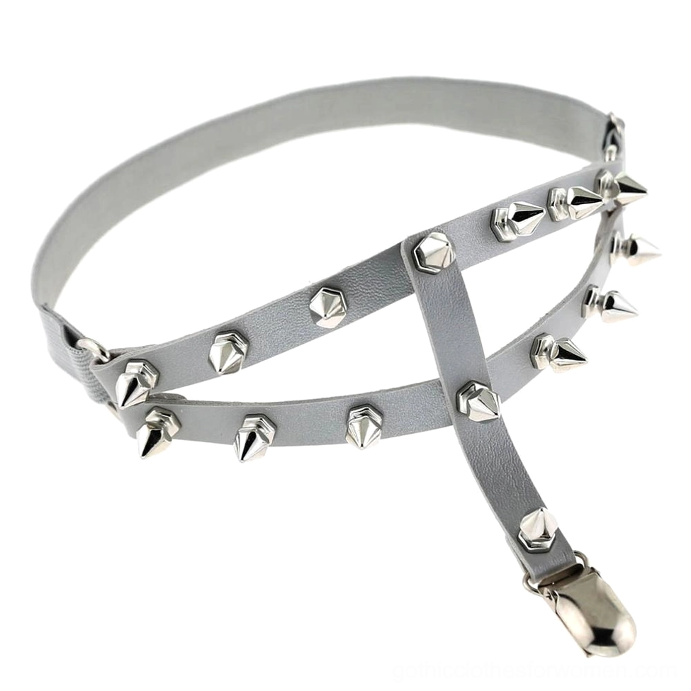 Light gray spiked thigh garter with silver studs and adjustable fastener clip design