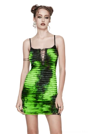 Front full-body view of neon green and black tie-dye ruffle gothic mini dress with adjustable straps on model wearing double bun hairstyle