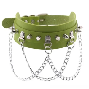 Green gothic spiked choker with silver metal spikes and layered chain attachments - product display