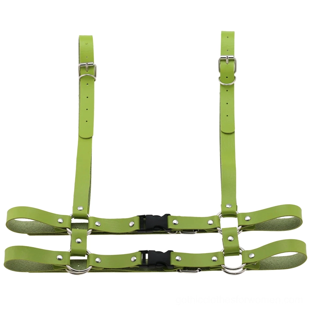 Green leather body harness flat lay front view with geometric interconnected strap design and silver metal accents