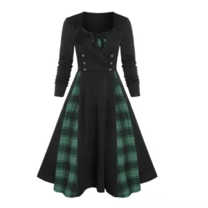 Green plaid gothic dress with ruched long sleeves and black base fabric front display