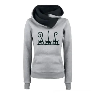 Heather grey alternative gothic cat hoodie with black contrast hood and cat print detail