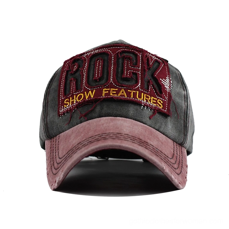 Dark grey and maroon vintage gothic baseball cap front view with embroidered patch and contrast stitching