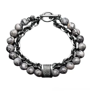 Grey patterned stone gothic bracelet with dual-layer design featuring textured metal accents and stainless steel construction