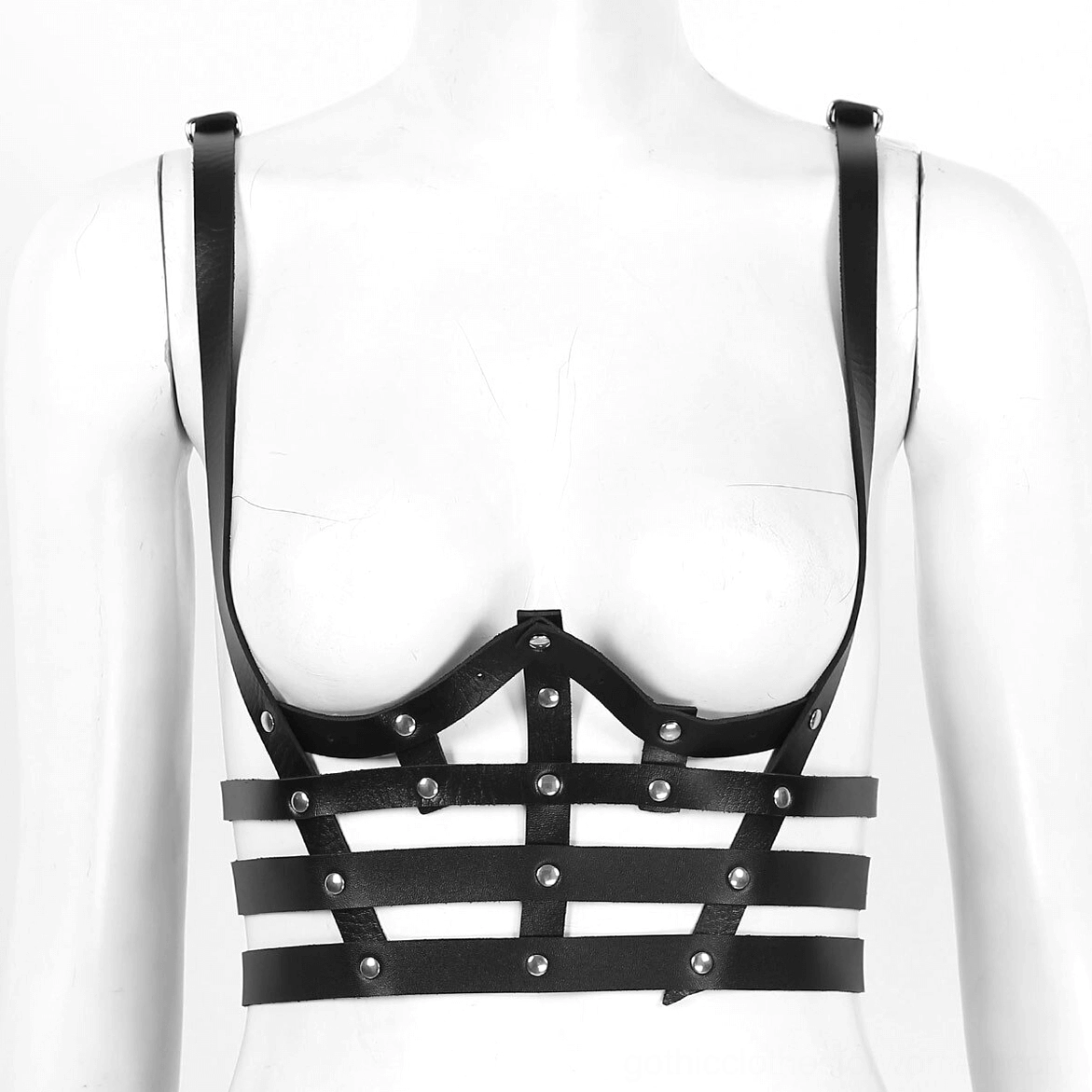 Grid-pattern leather chest harness front view showing geometric strap design and metal rivets