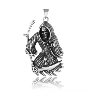 Polished silver stainless steel Grim Reaper pendant with hourglass detail in scythe - gothic skull necklace flat lay