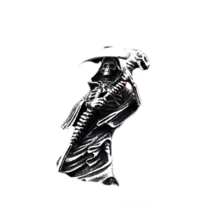 Grim reaper metal pendant side front view hooded skull textured cloak scythe